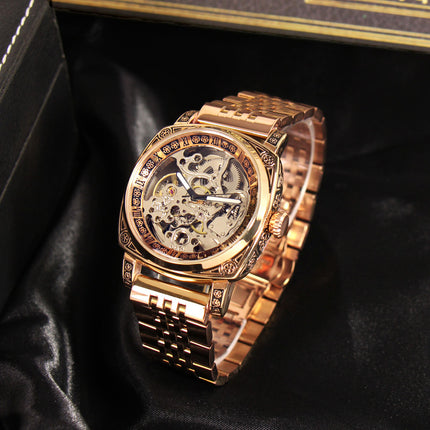 1pc Men's Rose Golden-Tone Automatic Tourbillon Mechanical Watch - Roman Numeral