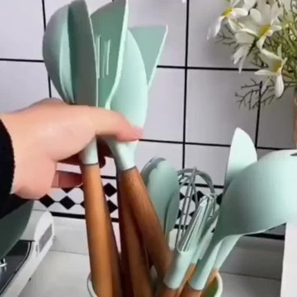 12pcs Silicone Kitchen Utensils with Wooden Handles - Elegant, Non-Stick Spatula And Spoon