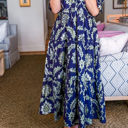 Blue Wild Floral Print Frilled Collar Half Sleeve Long Dress