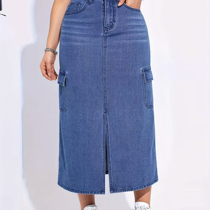 Spring Summer Autumn Slit Skirt with Large Pockets, High-Waisted Casual