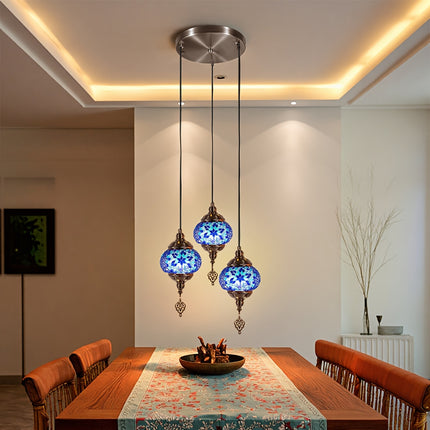 Turkish-Moroccan Mosaic Three-Head Ceiling Lamp Handmade Glass Shade, Mediterranean Style,