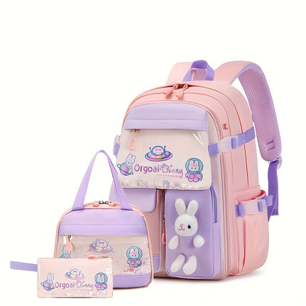 Girl's Backpack Three-Piece Set, Cute Rabbit Backpack for Kids, School Bag, Shoulder Bag