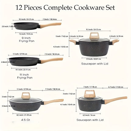 Pots and Pans Set Non Stick, 12pcs Kitchen Cookware Sets Induction Cookware Granite Cooking Set with Frying Pans, Saucepans, Steamer Silicone Shovel Spoon & Tongs