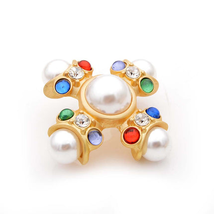 Fashion Colored Glass Pearl Cross Brooch