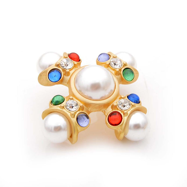 Fashion Colored Glass Pearl Cross Brooch