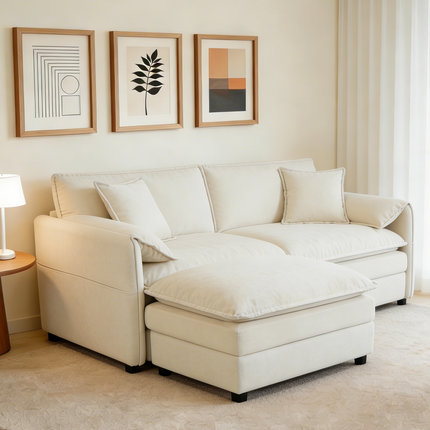 (Old:W3163S00010) Deep Seat Sectional Sofa Cloud Couch with Ottoman,  Modern Chenille Comfy Love Seat Upholstered Modular L Shaped Couch for Living Room, Apartment, Office,DIY Combination,Beige