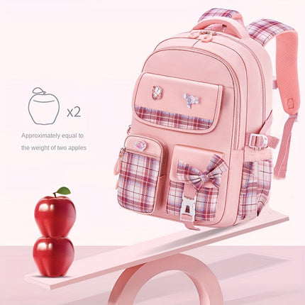 Cute  Plaid Bowknot Backpack for Girls - Lightweight, Durable Nylon Schoolbag with Multiple Compartments