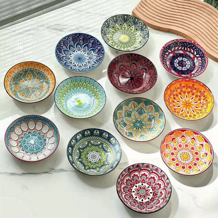 12pcs Bohemian Style Dinnerware Set, Colorful Hand-Painted Underglaze, 5.7-Inch Ceramic Plates,