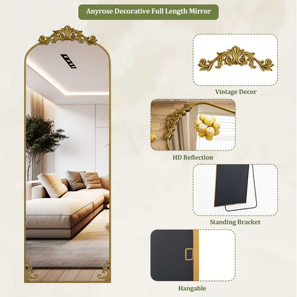 Full Length Mirror, 64"x21" Floor Mirror Freestanding With Carved Metal Frame & Bottom Art Carved,