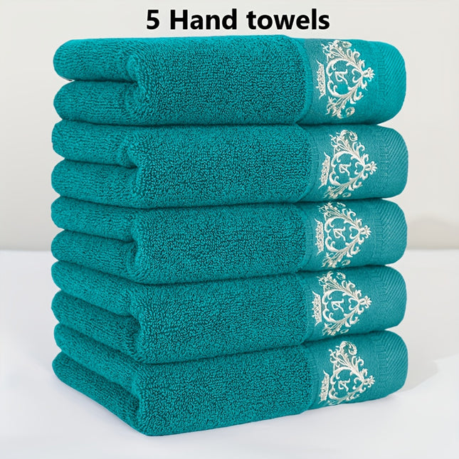 5pcs100% Cotton Heavyweight Towel Suite - Luxury Crown Embellished Bath Towels 450GSM
