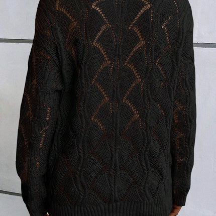 Black Hollow Out Knit V Neck Drop Shoulder Sweater