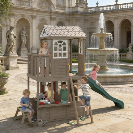 Outdoor Wooden Kids Playhouse,Spacious Two-Story Design Outdoor Playhouse