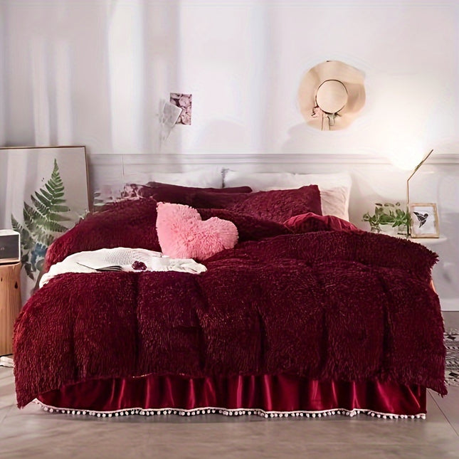 Solid Color Long Plush Quilt Cover Set 1 Quilt Cover + 2 Pillowcases,