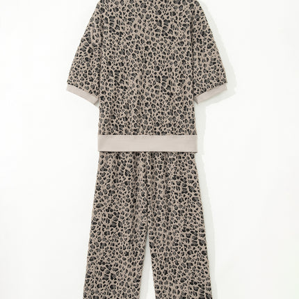 Khaki Jacquard Leopard Half Sleeve Jumper Wide Leg Pant Set