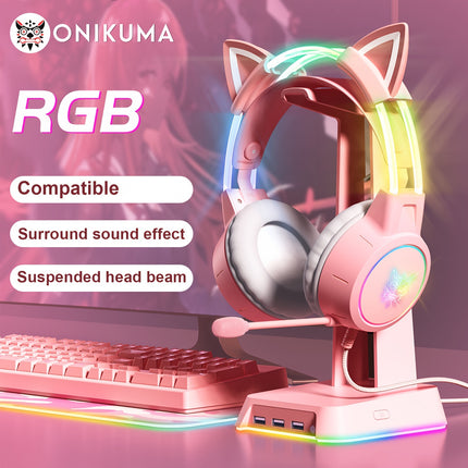 Detachable Cat Ear Gaming Headset Compatible for PC, Wired RGB Headphones with Cancelling Mic,