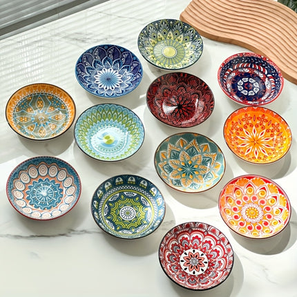 12pcs Bohemian Style Dinnerware Set, Colorful Hand-Painted Underglaze, 5.7-Inch Ceramic Plates,