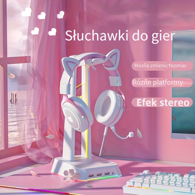 Cat Ear Gaming Headset with Microphone, Anime Inspired On-Ear Headphones, 3.5mm Jack