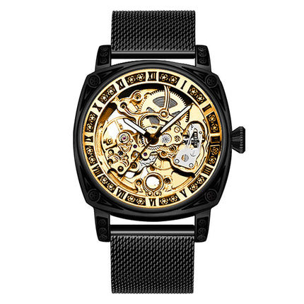 1pc Men's yellow black mesh belt college style niche fully automatic hollow tourbillon