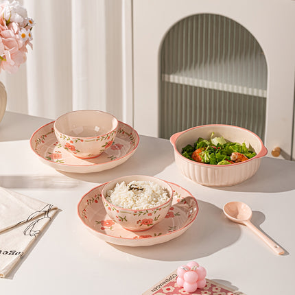 8pcs French Country Ceramic Dinnerware Set with Red Glaze & Peach Blossom Pattern Round Plates,