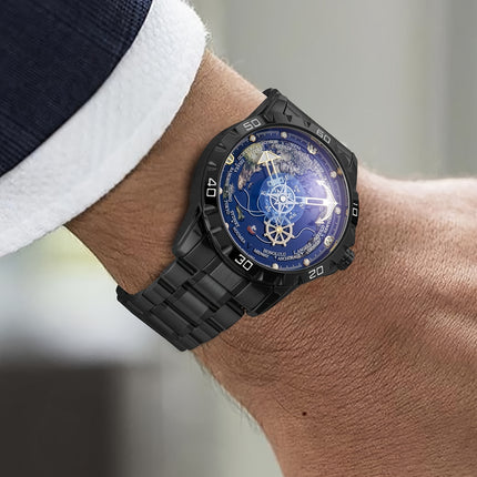 Men's Automatic Mechanical Watch - Navy Blue Dial with Golden Hands, Compass Rose Steering Wheel