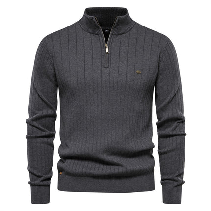 Men's Stand Collar Sweater Fashion Half-zipper Solid Color Striped Knit Sweate
