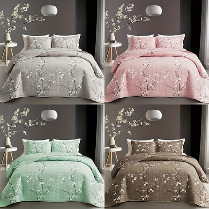 2/3pcs Multicolour Tree Branch Plum Blossom Quilted Quilt, 1pc Quilted Quilt+ 1/2pcs Pillowcases,