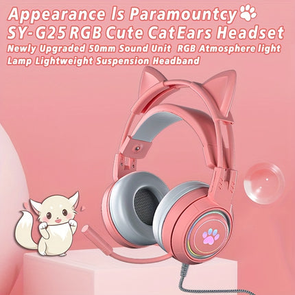 G25 Cute Cat Ear Gaming Headset Wired for Live Streaming, Over-Ear Gaming Headphones