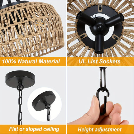 Light, Suitable for Dining Room, 3/5 Bohemians Style Woven Paper Rope Ceiling Hanging Lamp