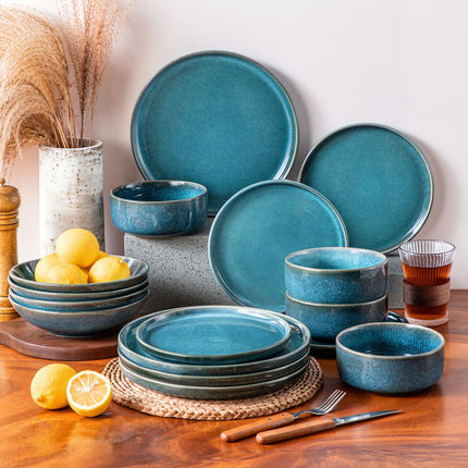 16pcs Dining Set Featuring Blue Stoneware with a Double-Sided Reactive Glaze Design