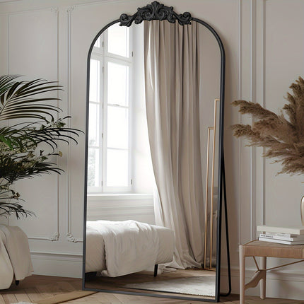 71"x28" Freestanding Arched Mirror with Carved Metal Frame & Bottom - No Assembly Required