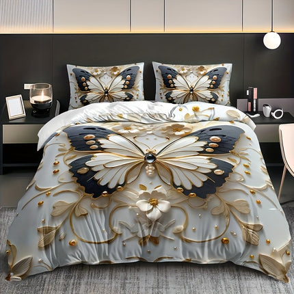 3pcs Butterfly Floral Duvet Cover Set, Animal Print, Insect Theme, Breathable Polyester, All-Season, Machine Washable, with 1 Duvet Cover and 2 Pillowcases, Digital Print Craftsmanship, No Insert for Bedding