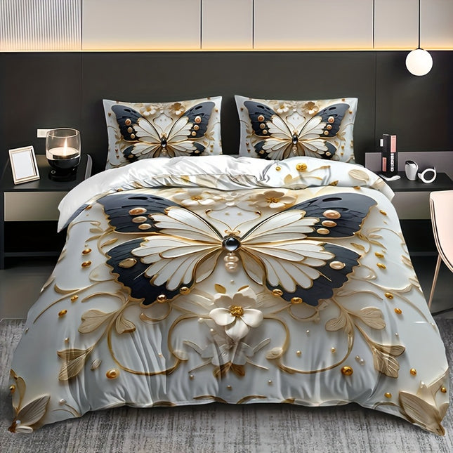 3pcs Butterfly Floral Duvet Cover Set, Animal Print
