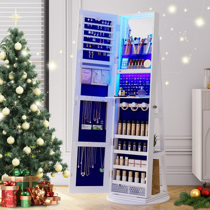 360° Rotating Jewelry Armoire with Lights, Lockable Mirror Jewelry Cabinet,