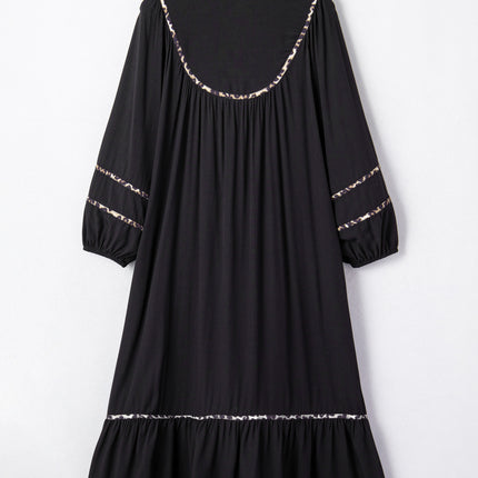 Black Contrast Leopard Trim Split Neck Long Sleeve Casual Midi Dress