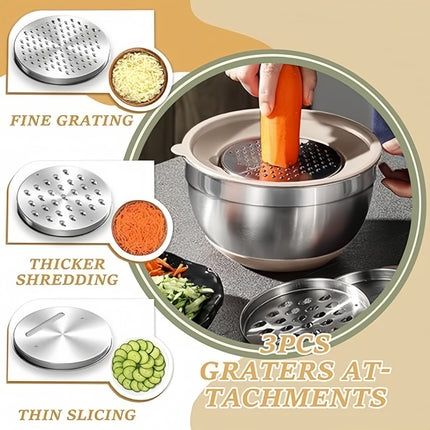 Stainless Steel Non-Slip Silicone Bottom 6pcss Mixing Bowl Set with Sealing Lid And 3 Grater Attachments