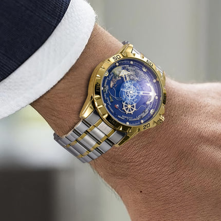 Men's Automatic Mechanical Watch - Navy Blue Dial with Golden Hands, Compass Rose Steering Wheel