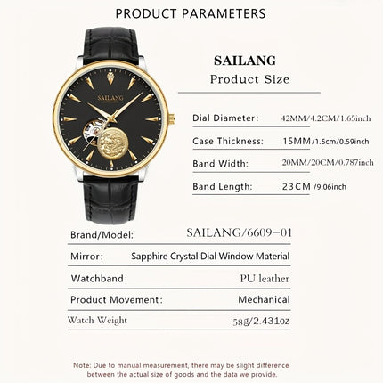 Men'S Sailing Hollow Mechanical Watch with Moon Phase & Calendar - Elegant Black Dial, Golden-Tone Accents