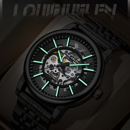 Men'S Luxury Mechanical Watch with Automatic Movement - Elegant Black Dial & Stainless Steel Strap