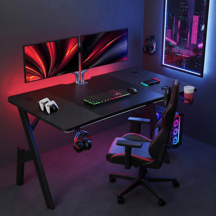 Furnishia A Shaped Gaming Table with Cup Holder & Headphone Hook, Ergonomic Computer Table