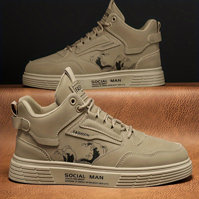 Men's High-Top Casual Sneakers - Solid Color Lace-Up Boots with PU Upper,