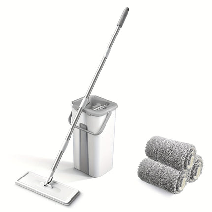 Mop And Bucket with Wringer Set, White Flat Squeeze Mop Bucket Set for Floor Cleaning, Wet Dry Mop for Wall Cleaner with Long Handle, Hardwood Floor Mop with 3 Microfiber Cloths