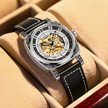 Men'S Luxury Vintage Automatic Mechanical Watch with Golden Hollow Carved Skeleton Dial,