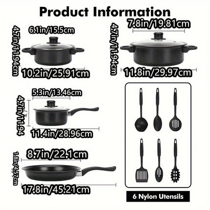 Cookware Set,Small Portable Cast Iron Pots and Pans with Glass Lids and Nylon Utensils for Outdoor Cooking