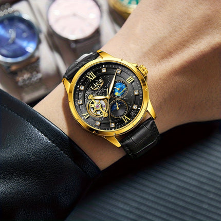 Men'S Luxury Mechanical Watch | Business Style, Mixed Color, Rhinestone Inlay, Transparent Bottom Cover,