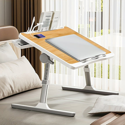Adjustable Height Foldable Laptop Bed Table with Ergonomic Bedside Desk, Built-in Card Slot & Storage Drawer