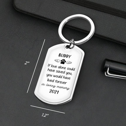 Stainless steel pet memorial keychain with engraved quote and paw print, lasting memory gift.