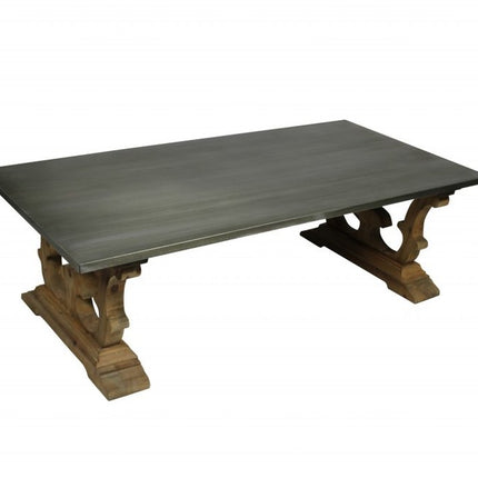 63" Gray and Brown Zinc and Solid Wood Pedestal Coffee Table