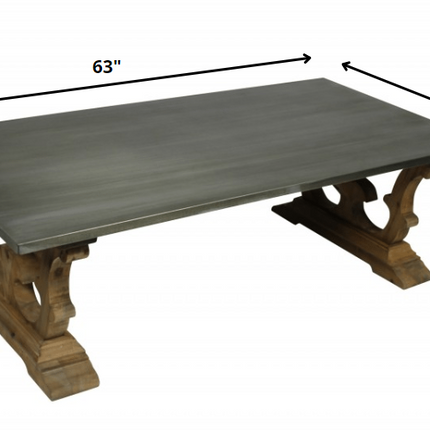 63" Gray and Brown Zinc and Solid Wood Pedestal Coffee Table