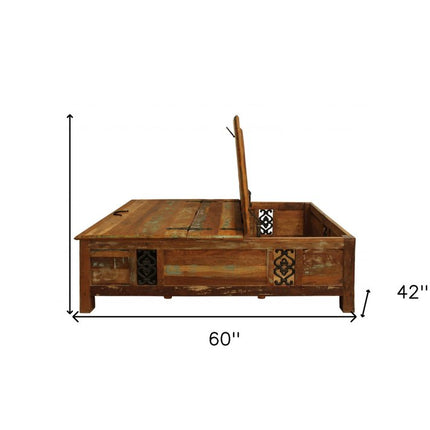 60" Green and Brown Solid Wood Distressed Lift Top Solid Coffee Table