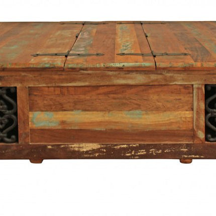 60" Green and Brown Solid Wood Distressed Lift Top Solid Coffee Table